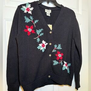 Classic Elements Christmas Holly Embroidered Black Sweater Cardigan Medium NWT